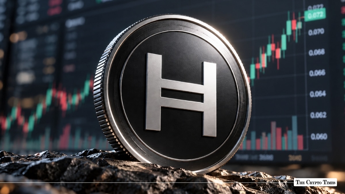 A physical Hedera (HBAR) token coin resting on a rugged surface with a financial candlestick chart showing an upward trend in the background.