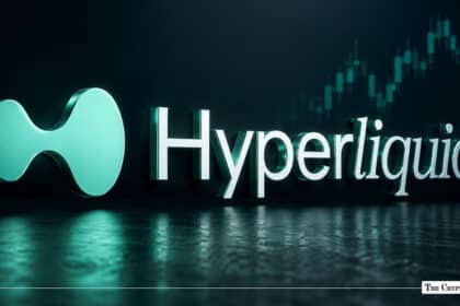 Metallic 3D Hyperliquid logo illuminated in bright cyan light, set against a dark background with an ascending stock chart overlay