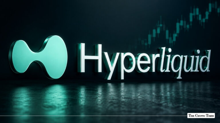 Metallic 3D Hyperliquid logo illuminated in bright cyan light, set against a dark background with an ascending stock chart overlay