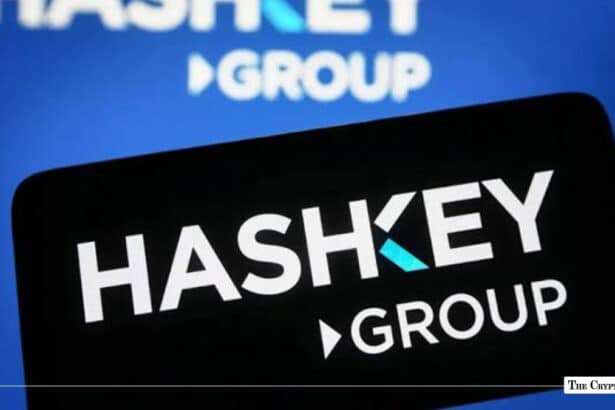 Smartphone screen showing the HashKey Group logo against a blue background displaying the same brand logo