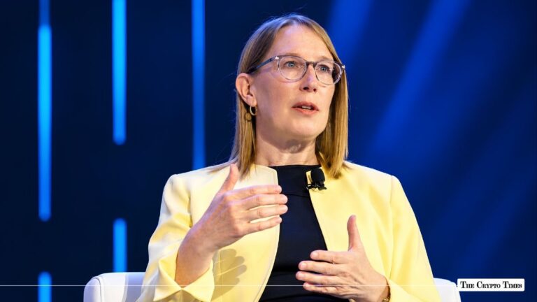 SEC Commissioner Hester Peirce speaking during a stage presentation.