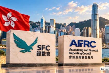 SFC and AFRC institutional signboards against the Hong Kong skyline and national flag.