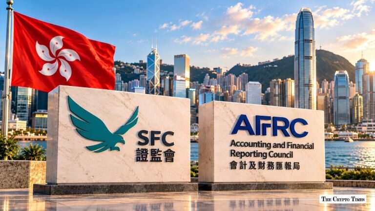 SFC and AFRC institutional signboards against the Hong Kong skyline and national flag.