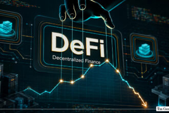 DeFi decentralized finance concept with a declining market chart and digital technology background.