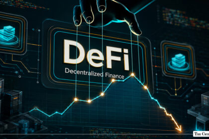 DeFi decentralized finance concept with a declining market chart and digital technology background.
