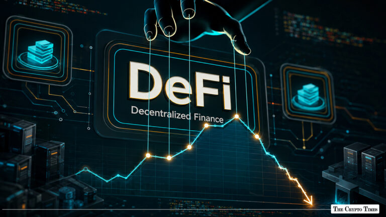 DeFi decentralized finance concept with a declining market chart and digital technology background.