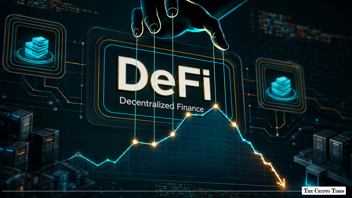 DeFi decentralized finance concept with a declining market chart and digital technology background.