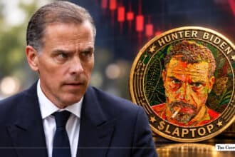 Hunter Biden looking forward set alongside a gold $LAPTOP coin stamped with his portrait against a falling red stock chart