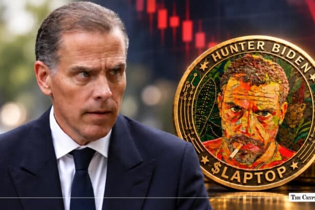 Hunter Biden looking forward set alongside a gold $LAPTOP coin stamped with his portrait against a falling red stock chart