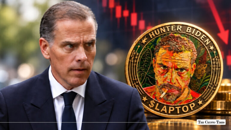 Hunter Biden looking forward set alongside a gold $LAPTOP coin stamped with his portrait against a falling red stock chart