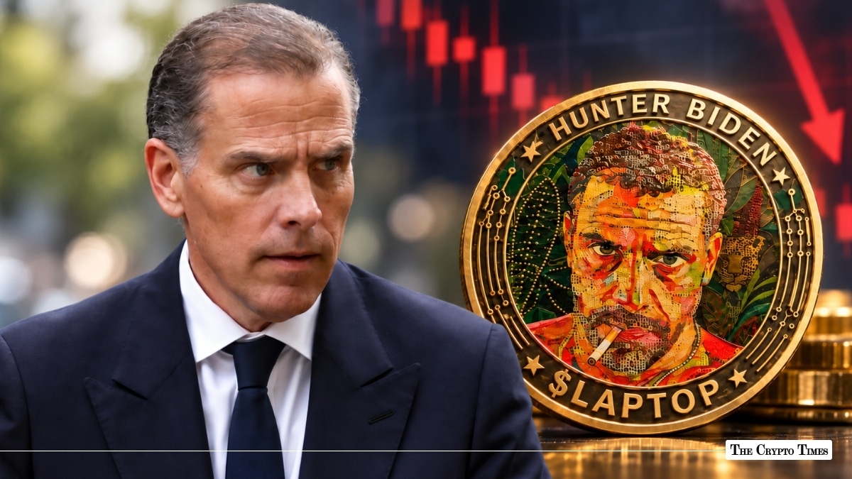 Hunter Biden looking forward set alongside a gold $LAPTOP coin stamped with his portrait against a falling red stock chart