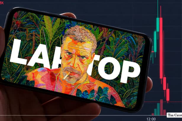 A hand holding a smartphone displaying stylized pop-art artwork of Hunter Biden with the word "LAPTOP" in front of a volatile red-and-green candlestick trading chart.