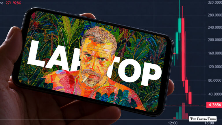 A hand holding a smartphone displaying stylized pop-art artwork of Hunter Biden with the word "LAPTOP" in front of a volatile red-and-green candlestick trading chart.