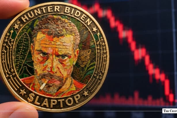 Fingers holding a gold $LAPTOP coin stamped with Hunter Biden's likeness against a steep red declining candlestick chart dropping from 200K to 3K
