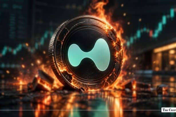 Fiery physical Hyperliquid coin with glowing logo in front of a rising green price chart.