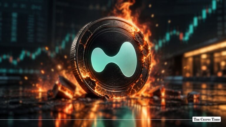Fiery physical Hyperliquid coin with glowing logo in front of a rising green price chart.