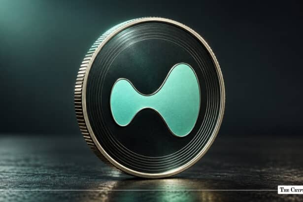 A metallic Hyperliquid (HYPE) coin with a green stylized symbol sitting on a dark surface.