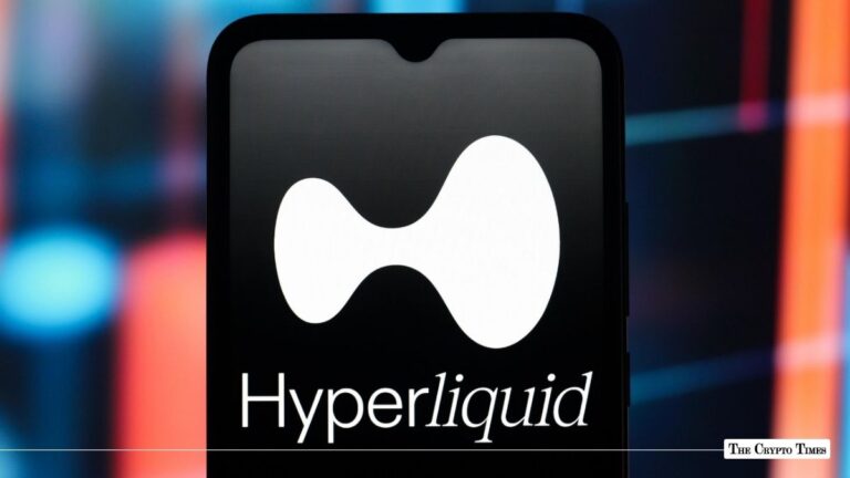 Smartphone screen displaying the Hyperliquid logo against a blurry background.