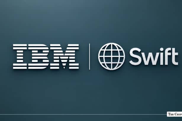 IBM and Swift corporate logos side-by-side on a dark slate background.