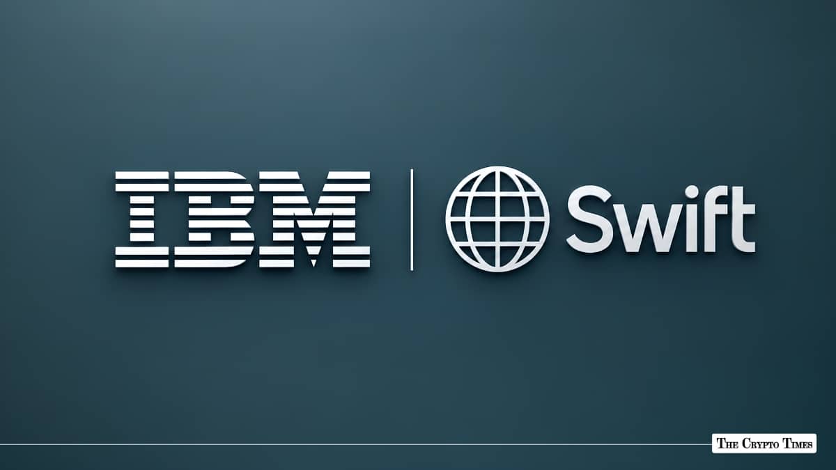 IBM and Swift corporate logos side-by-side on a dark slate background.