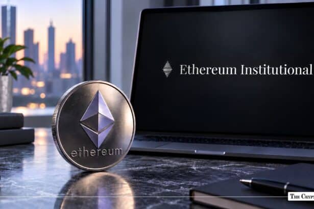 Silver Ethereum coin resting next to a laptop displaying "Ethereum Institutional".