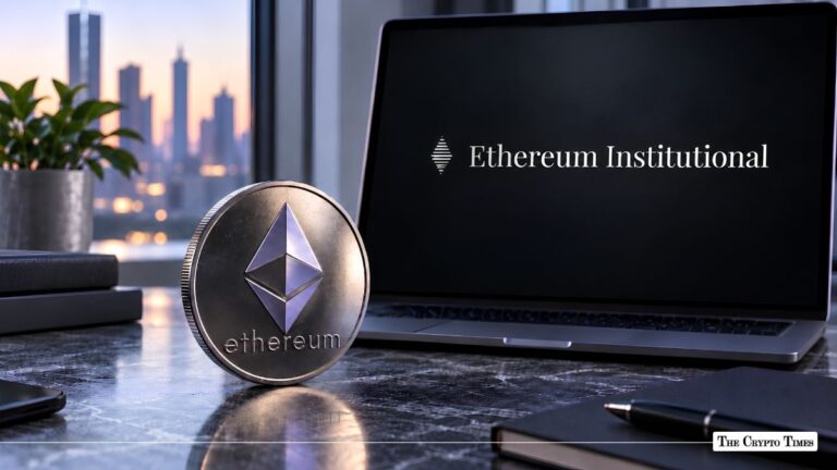 Silver Ethereum coin resting next to a laptop displaying "Ethereum Institutional".