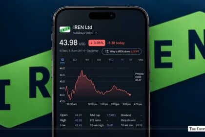 Smartphone displaying IREN Ltd stock performance chart against an IREN logo background.