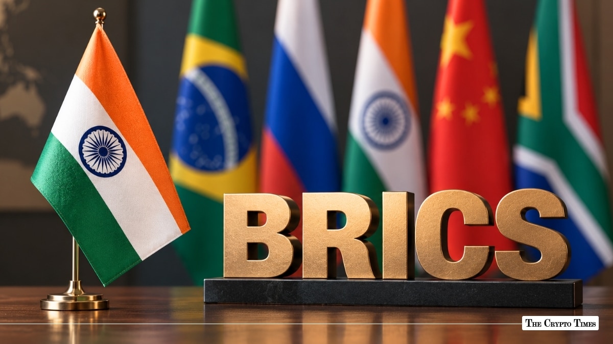 BRICS text sign in gold letters next to miniature flags of member countries including India, Brazil, Russia, China, and South Africa
