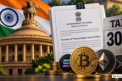 Indian Ministry of Finance Virtual Digital Asset taxation document with 30% tax sign, crypto coins, Indian Parliament, and national flag