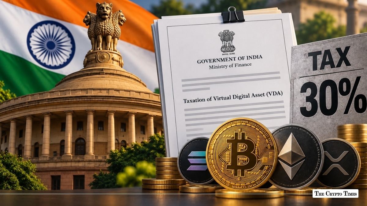 Indian Ministry of Finance Virtual Digital Asset taxation document with 30% tax sign, crypto coins, Indian Parliament, and national flag