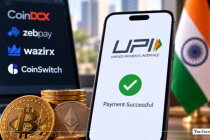 A smartphone displaying a successful UPI payment screen next to an Indian flag, physical crypto coins, and logos of Indian crypto exchanges.