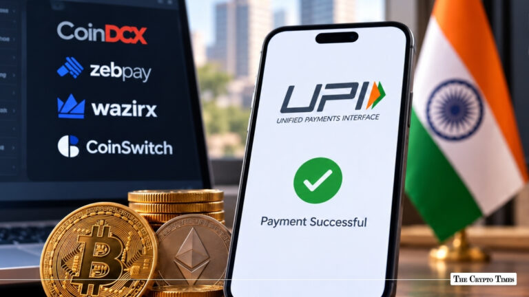 A smartphone displaying a successful UPI payment screen next to an Indian flag, physical crypto coins, and logos of Indian crypto exchanges.