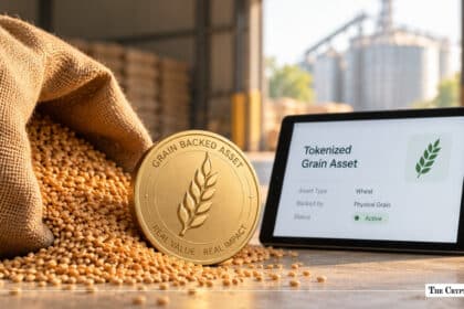 Gold "Grain Backed Asset" coin stamped with a wheat sheaf sitting in loose grain beside a spilled burlap sack, positioned next to a tablet displaying "Tokenized Grain Asset" on an active dashboard