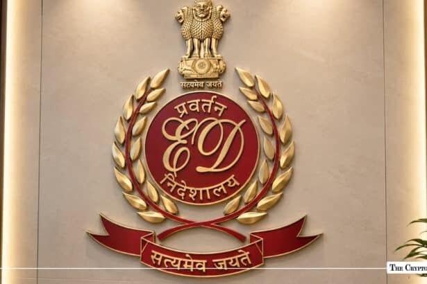 The official emblem of India's Directorate of Enforcement (ED) featuring golden laurel leaves and the State Emblem of India