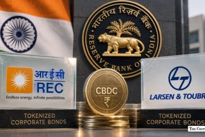 Reserve Bank of India seal alongside Indian national flag, REC and Larsen & Toubro "Tokenized Corporate Bonds" plaques, and a gold CBDC coin on stacked coins