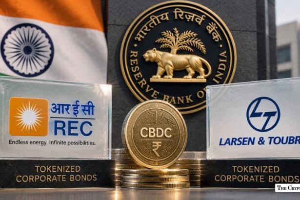 Reserve Bank of India seal alongside Indian national flag, REC and Larsen & Toubro "Tokenized Corporate Bonds" plaques, and a gold CBDC coin on stacked coins