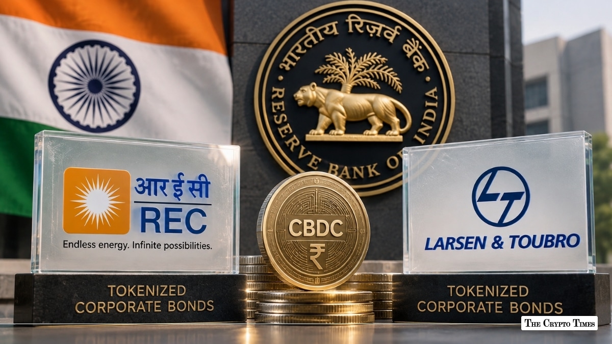 Reserve Bank of India seal alongside Indian national flag, REC and Larsen & Toubro "Tokenized Corporate Bonds" plaques, and a gold CBDC coin on stacked coins