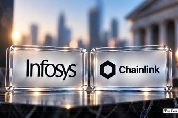 Transparent glass blocks displaying the Infosys and Chainlink logos side by side against a city skyline.