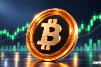 Gold Bitcoin BTC coin standing vertically in front of a rising green financial candlestick chart