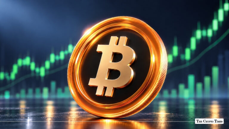 Gold Bitcoin BTC coin standing vertically in front of a rising green financial candlestick chart
