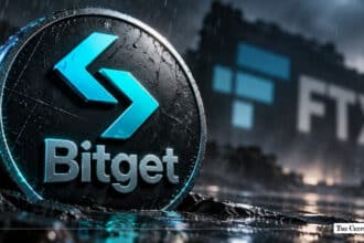 Bitget exchange coin token set in front of a blurred FTX building backdrop.