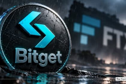 Bitget exchange coin token set in front of a blurred FTX building backdrop.