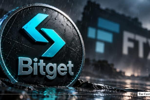 Bitget exchange coin token set in front of a blurred FTX building backdrop.