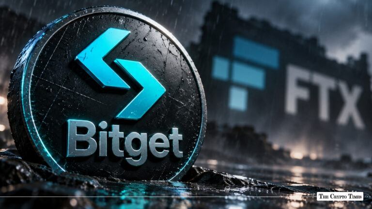 Bitget exchange coin token set in front of a blurred FTX building backdrop.