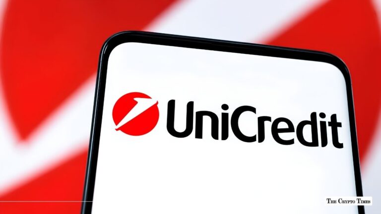 Smartphone displaying the UniCredit logo against a red and white background.