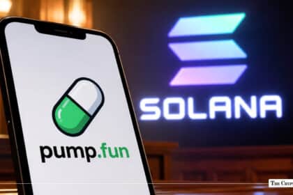 Smartphone screen displaying the Pump.fun logo against a dark background with an illuminated, glowing Solana logo