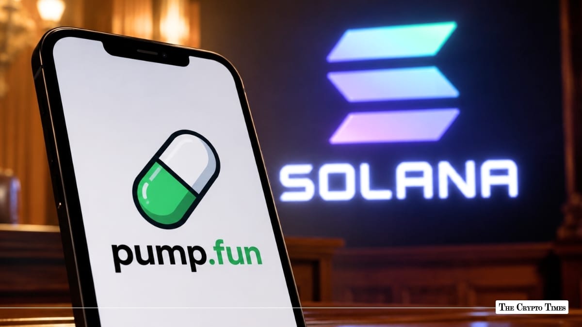 Smartphone screen displaying the Pump.fun logo against a dark background with an illuminated, glowing Solana logo