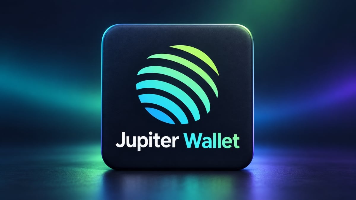 Jupiter Wallet logo featuring a green and blue striped sphere emblem on a black pedestal
