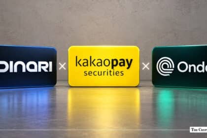 The Dinari, Kakaopay Securities, and Ondo Finance logos displayed side by side on colorful blocks against a textured wall.