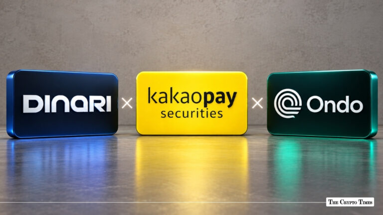 The Dinari, Kakaopay Securities, and Ondo Finance logos displayed side by side on colorful blocks against a textured wall.